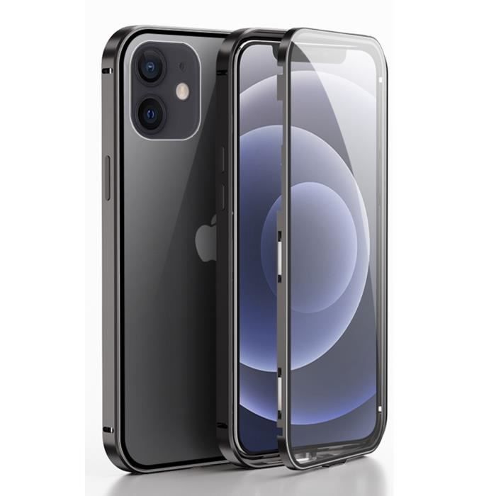 Coque iPhone 12 Mini, Étui Adsorption Magnétique Double face Verre trempé Couverture pour iPhone 12 Mini -Noir