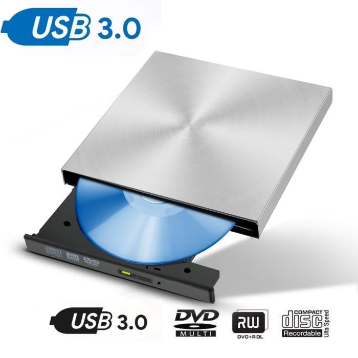 Lecteur de CD / DVD externe, CD portable 3.0, lecture 3D mince et ultra-rapide (argent)