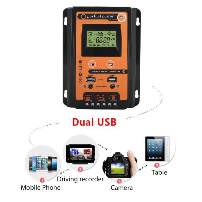 Contrôleur de charge solaire 12V - 24V 30A MPPT Régulateur de batterie de panneau solaire Double affichage LCD USB HB043 -ALA # 40