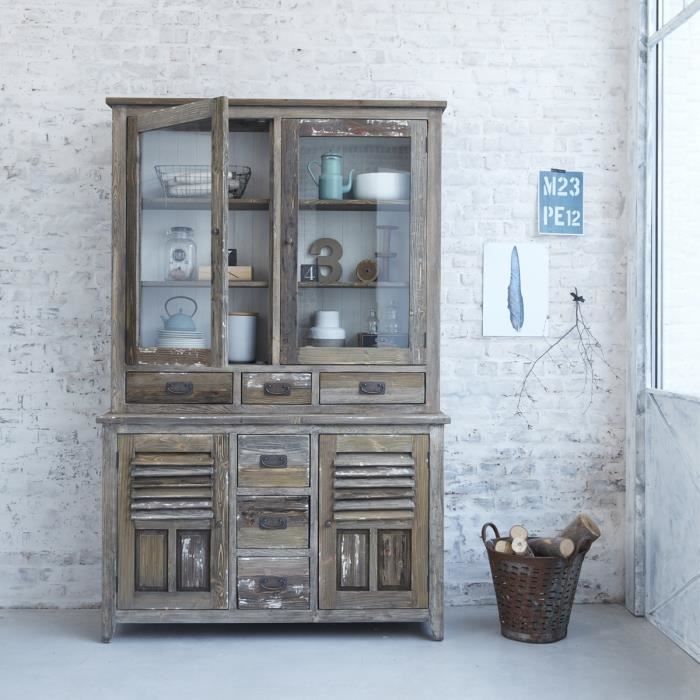 Vaisselier en bois de pin recyclé 6 tiroirs 4 portes BDBD