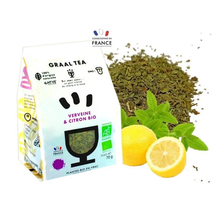 GRAALTEA - Infusion Dégustation - Verveine & Citron BIO en Vrac - 100% d'Origine Naturelle - Made in France - 1 Paquet x 70 grammes