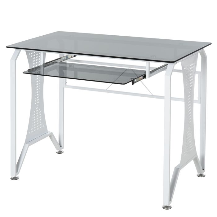 Table Informatique Bureau pour Ordinateur avec Clavier Coulissant Plateau Verre Trempé 100 x 54,5 x 75 cm Gris et Blanc 100x54x75cm