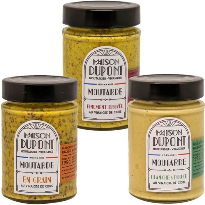 Lot de 3 pots de Moutarde artisanale française de 195g - Maison Dupont - Made in Calvados
