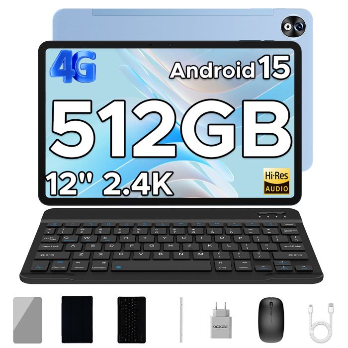 DOOGEE T40 Pro Tablette Tactile 12 2.4K Android 15 – 20Go + 512Go Grande Batterie 10800mAh Tablette PC Dual SIM 4G WIFI GPS – Bleu
