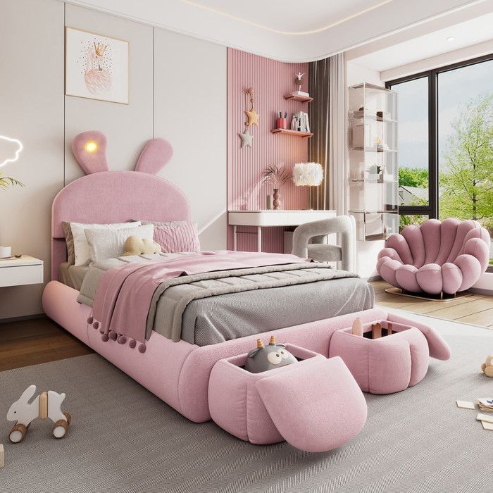 Lit enfant capitonné 90x200cm Lit fille Lit simple rembourré velours avec lumière LED et 2 tabourets de rangement - rose