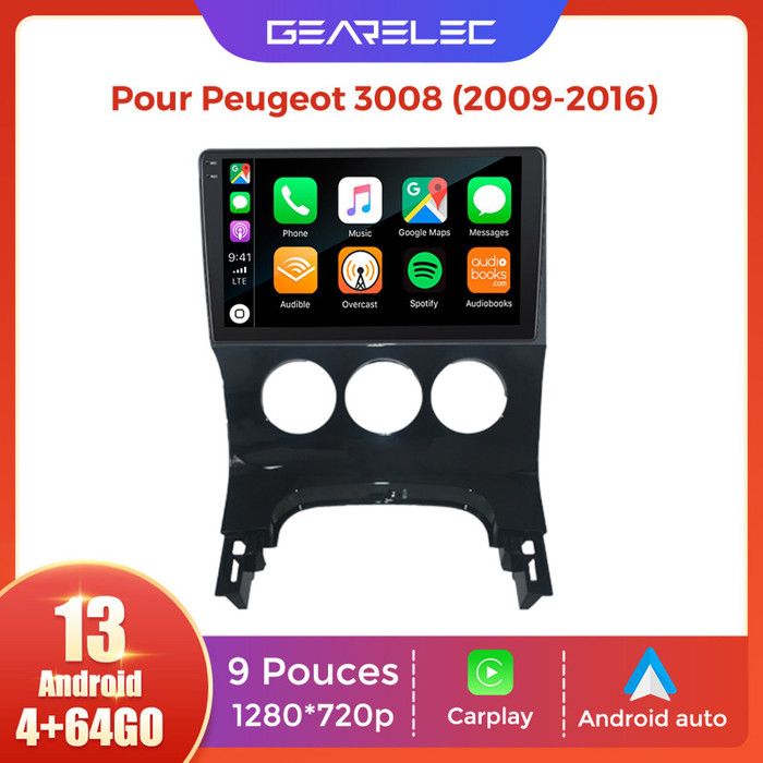 Autoradio GEARELEC 9 Pouces Android pour Peugeot 3008 2009-2016 avec Carplay Andriod Auto GPS Bluetooth RDS WiFi