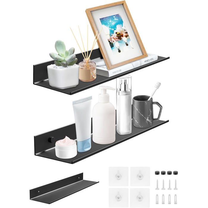 Wisfame Lot De 2 Étagères Murales Métal Noir 40x12cm - Sans Percage, Étagères Flottantes Pour Décoration Et Rangement