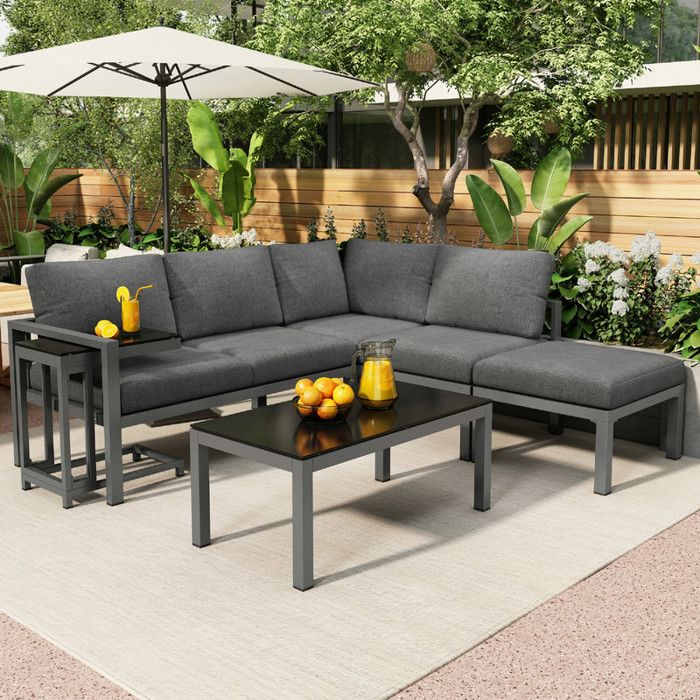 Salon de jardin extérieur - LANGTU - Ensemble 5 pièces - Gris - Structure aluminium anti-corrosion - Coussins 9 cm