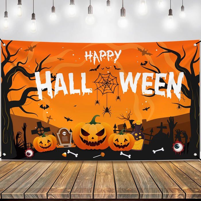 Bannière Décorative Halloween - Motifs Citrouille, Maison Hantée, Fantômes - Taille 90x180 Cm, Tissu Polyester Résistant - Pour Intérieur Et Extérieur