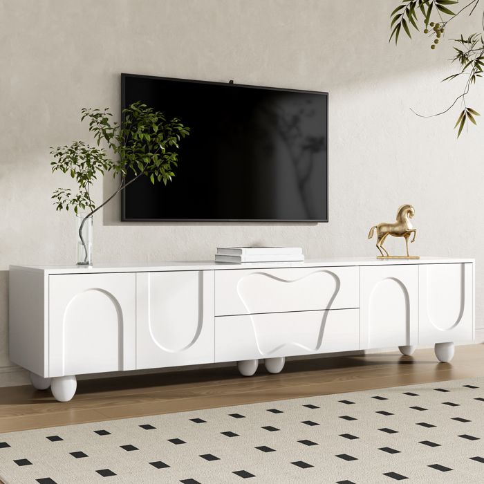 Meuble TV - MODERNLUXE - 180x40x42 cm - 2 tiroirs 4 portes - Pieds bois massif - Blanc