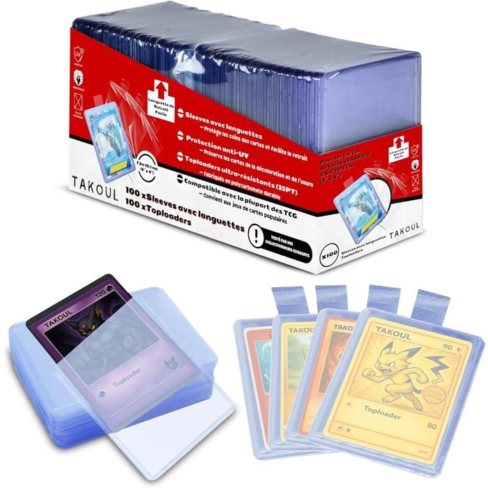 TAKOUL Toploader rigide transparent avec sleeves pour cartes Pokémon ...