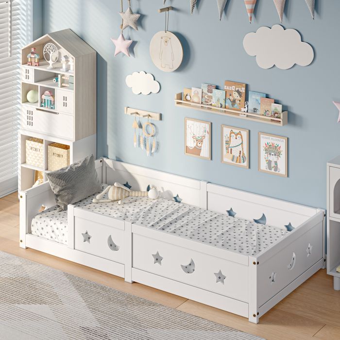 Lit Au Sol Enfant 90x200 Cm En Bois Massif – Style Montessori Avec Barrière De Sécurité Et Sommier à Lattes