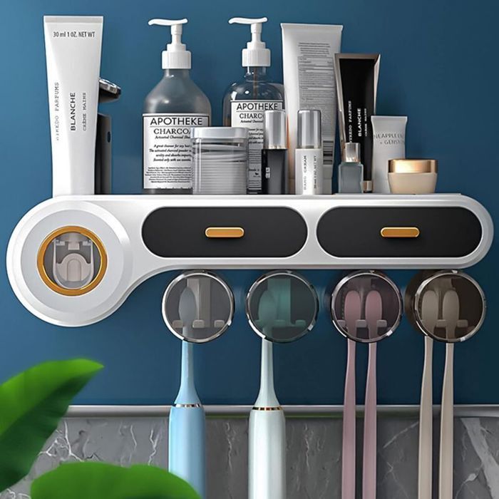 Porte-brosse à dents mural avec deux distributeurs automatiques de dentifrice 8 emplacements pour brosses 4 gobelets magnétiques