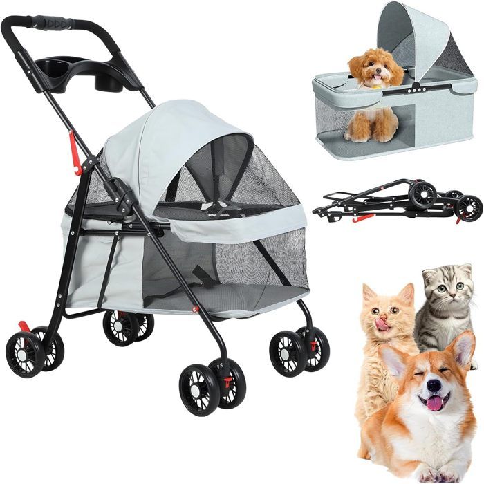 Comparer les prix de Poussette pliable à 4 roues pour chien et chat avec porte-gobelet fenêtre visible pour chiens et chats de moyenne et petite gris