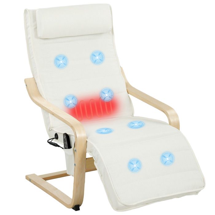 Fauteuil de salon - HOMCOM - massant et chauffant - dossier haut appui-tête et repose-pieds - tissu aspect lin - 67x95x101cm - crème