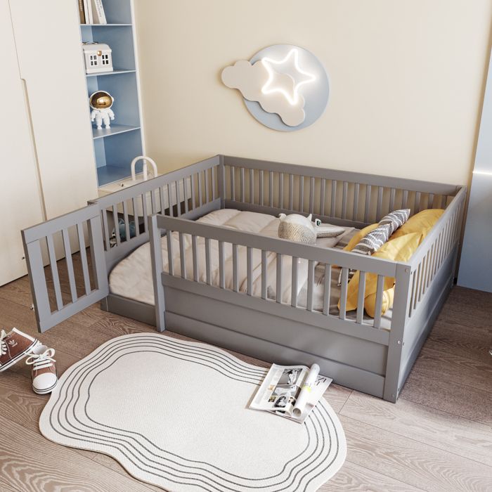 Lit au sol enfant 140 x 200 cm lit montessori avec barrière de sécurité et porte lit en Bois de pin gris (sans Matelas)