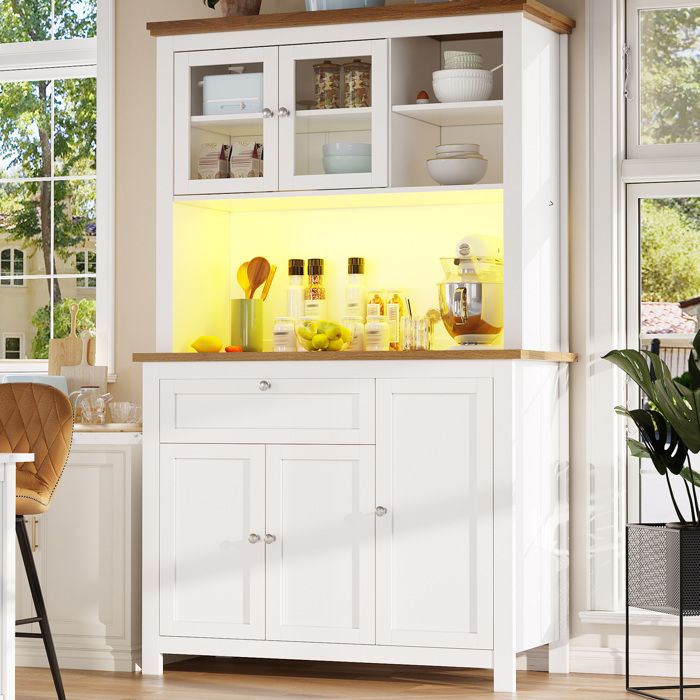 Buffet de cuisine LED vitrine meuble de rangement étagères réglables MDF 5 portes 1 tiroirs 101×40×180 cm blanc