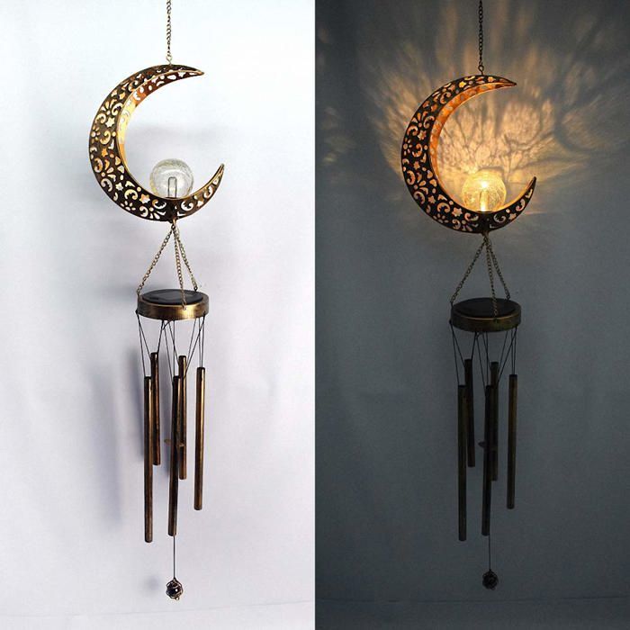 Carillon éolien Solaire extérieur LED en Fer forgé Creux Soleil Lune Pendentif Lampe Mobile décor Romantique pour Patio Jardin Cour