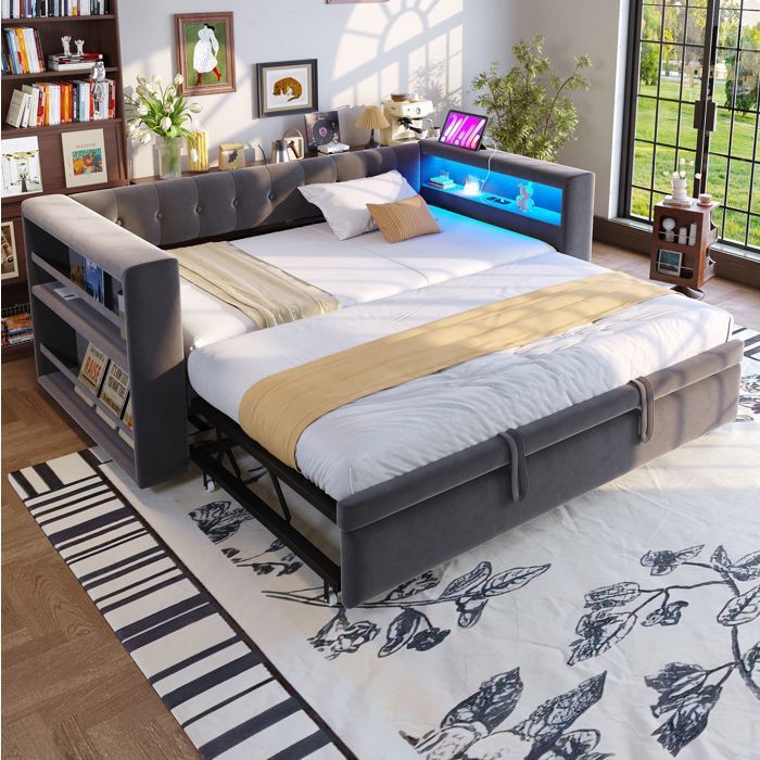 Canapé-lit gris foncé 90/180 × 190 LED prises rangements sans matelas