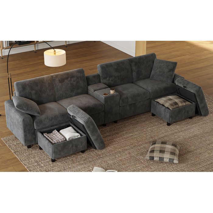 Canapé en U multiplace gris 315 x 135 x 81 cm USB et prises avec 2 poufs coffre