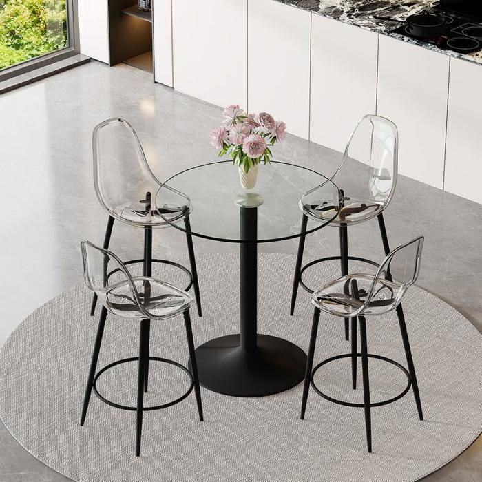 Ensemble de bar modulable avec table en verre de 89 cm et 4 tabourets de bar chaises avec repose-pieds confortable