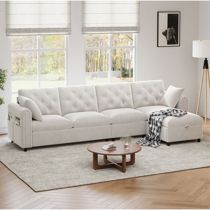 Canapé d’angle en velours beige avec coffre fonction lit et poches latérales