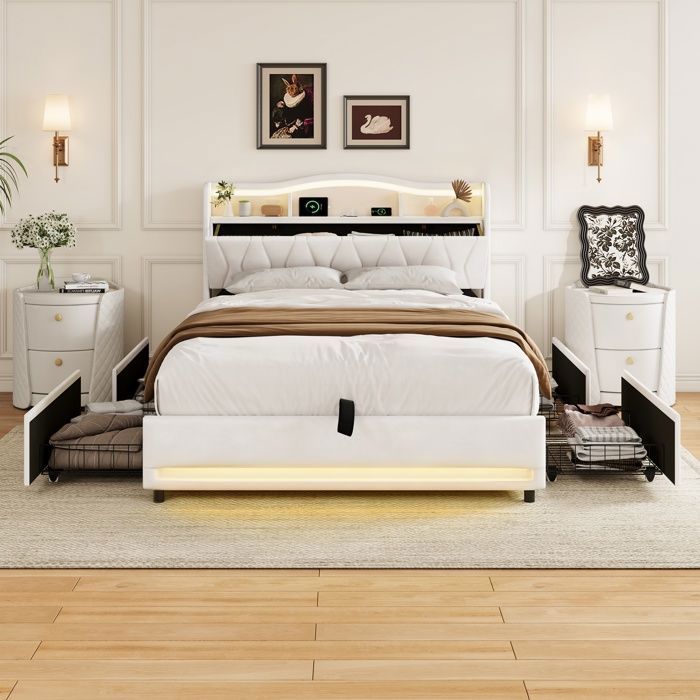 Lit 140x200cm - Lit Double 140x200cm - Lit Adulte avec LED et 4 Tiroirs - Tête de Lit avec Rangement et Prises USB - Beige