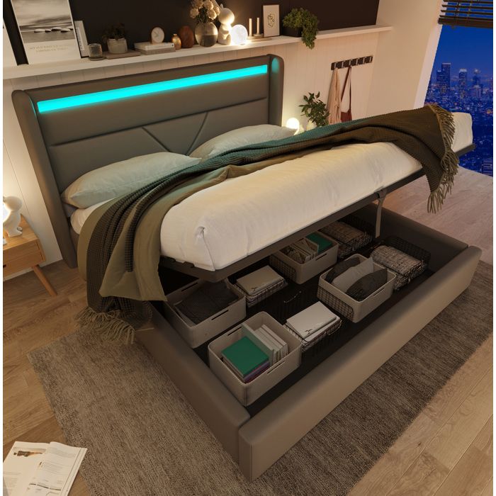 Lit coffre hydraulique 140x200 cm – tête de lit LED – PU gris – avec télécommande