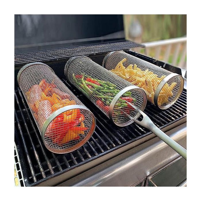 Panier à griller roulant pour barbecue 1 panier cylindrique en maille dacier inoxydable 20 x 9 x 9 cm