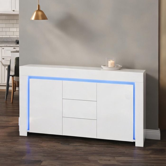 Enfilade contemporaine blanche 140x40x65 cm avec LED et finition brillante
