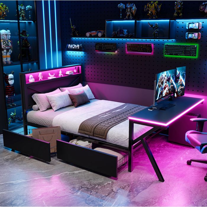 WOVREO Lit combiné gaming 140 x 200 cm noir avec tête de lit LED bureau LED intégré et 2 tiroirs