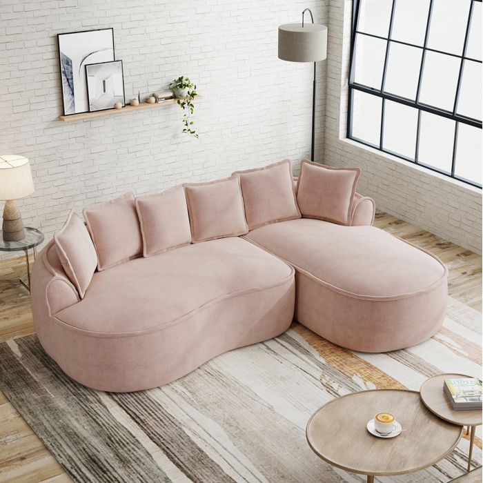 WUVRIE Canapé dangle modulable 3 places en chenille rose sans cadre avec méridienne profonde et coussins