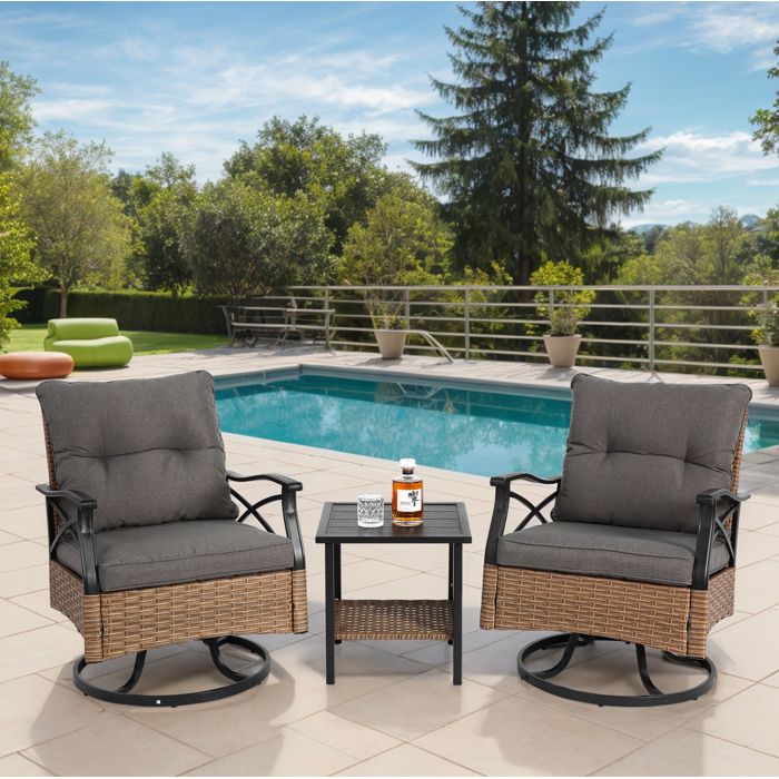 Fauteuil de jardin pivotant lot de 3 rotation 360° avec table dappoint - MODENVIE - rotin PE acier polyester marron et gris