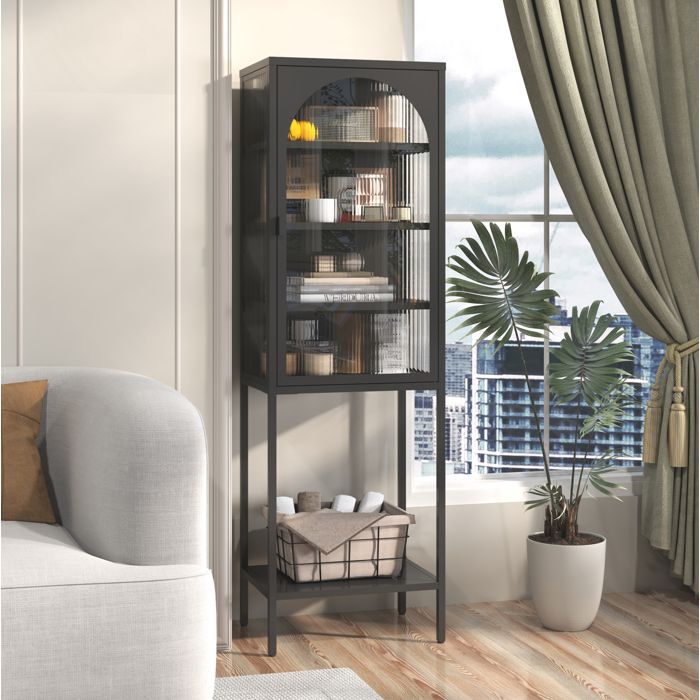 COVREO Vitrine etroite 50 x 35 x 160 cm en metal et verre noir avec 3 etageres reglables et porte vitree