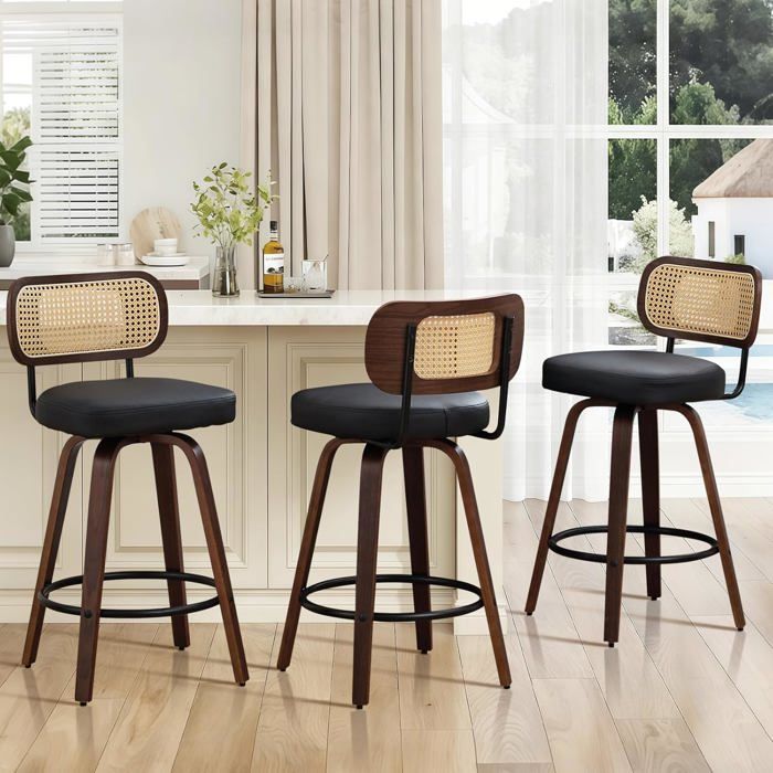 Chaise de Bar en Rotin Lot de 3 Tabourets de Bar Coussin en Cuir PU Chaise Haute Bar pieds noyer pour Bar îlot de Cuisine Noir