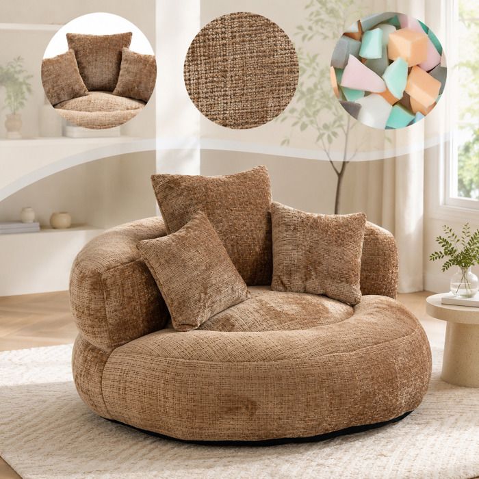 Pouf Poire 2 Places en Chenille 108×108×52 cm avec Trois Coussins - Confortable Canapé Lazy Marron