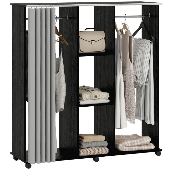 Armoire penderie Meuble de Rangement Mobile 6 roulettes 120L x 40l x 128H cm en bois Noir 22.5 kg