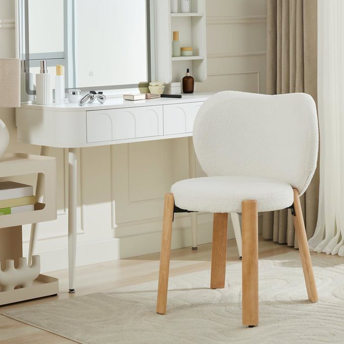 Chaise coiffeuse blanche en tissu teddy peluche fauteuil dappoint confortable pour bureau chambre dressing 1 pièce