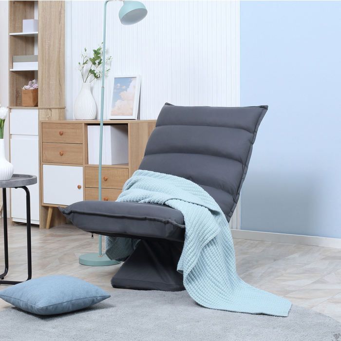 Fauteuil relax de sol 1 place - pivotant 360° avec dossier réglable 5 positions - en microfibre gris foncé 62 × 70 × 95 cm