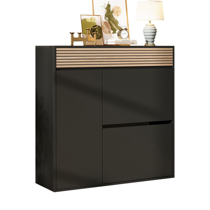 Meuble à chaussures étroit 2 portes basculantes rangement fermé Noir‑Bois naturel pour entrée couloir salon 100×35×105cm Meuble à chaussures étroit 2 portes basculantes rangement fermé Noir‑Bois naturel pour entrée couloir salon 100×35×105cm