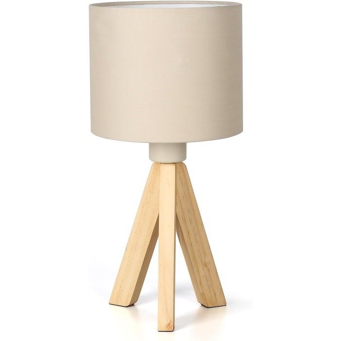 Lampe de chevet - NIKCORP - Lampe trépied vintage 38 cm - Abat-jour tissu TC - Base bois massif - Culot E27