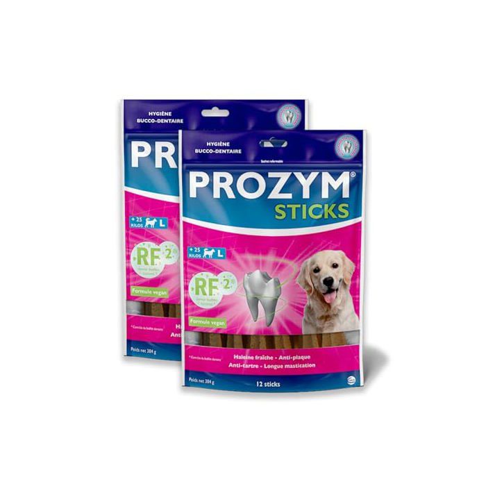Produit dhygiène vétérinaire - PROZYM - RF2 Pack 2x12 Sticks - Végétalien - Anti-plaque & tartre - Efficacité 14 jours