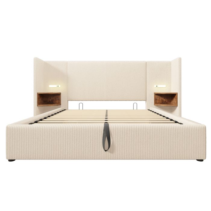 Lit double 160x200 beige blanc avec lampe USB Type-C et rangement Lit double 160x200 beige blanc avec lampe USB Type-C et rangement