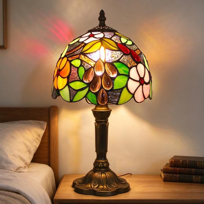 Lampe de Table Tiffany 20 cm - Abat-jour Vitrail Pâquerette Fleur Style Rétro - Lampe de Chevet Baroque Fait Main - Douille E27