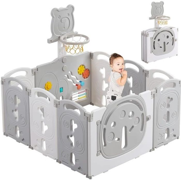 Parc bébé 10 Panneaux avec panier de basket,Parc pliable en plastique avec Panneaux à jouets,Gris,110×110cm Aire de jeux