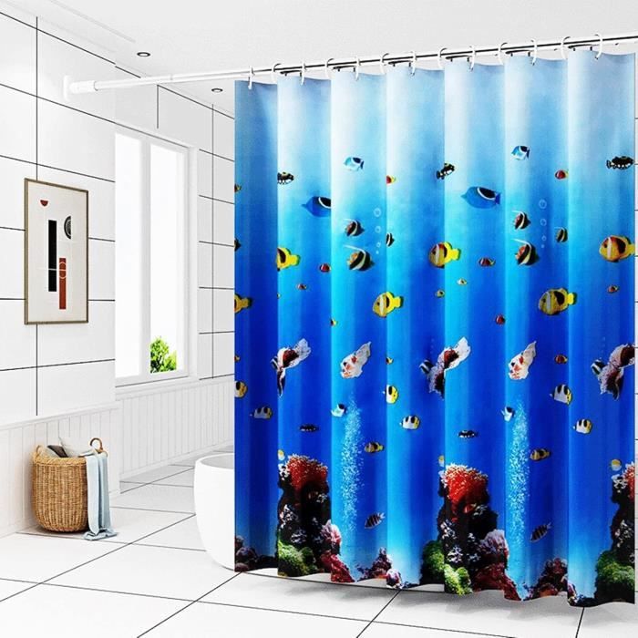 W80xH180cm -Rideau De Douche Imperméable Avec 12 Crochets, Rideau De Salle De Bains Bleu Solide