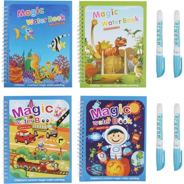 Livre De Dessin Magique à L’Eau – 4 Carnets Réutilisables Avec Stylos – Animaux, Dinosaures, Cheval & Univers – Cadeau Enfant