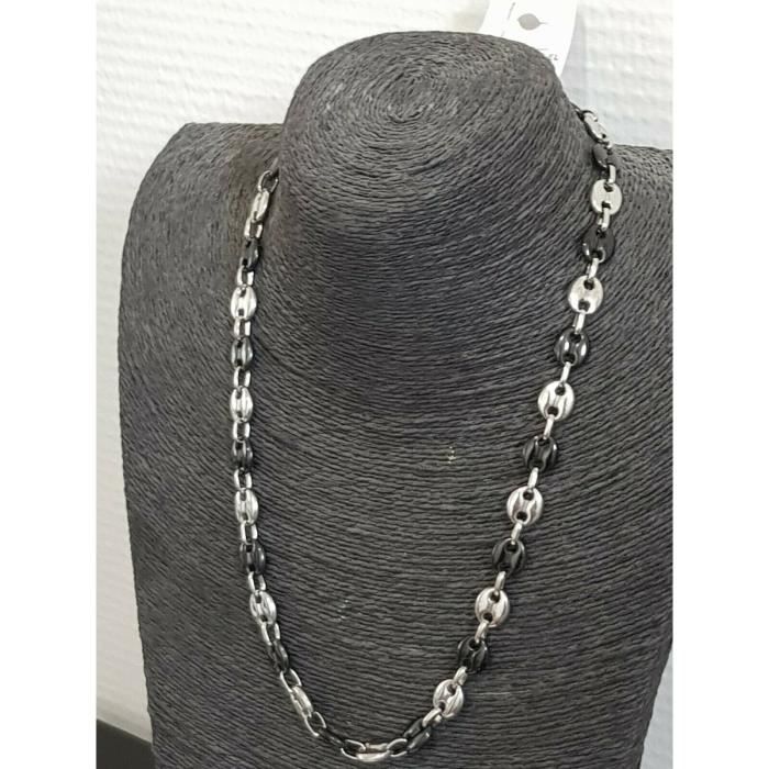 collier homme chaîne maille grain de café argenté et noir acier résistant