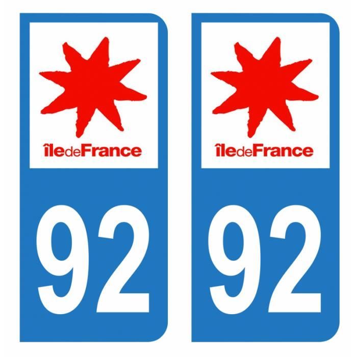 Lot 2 Autocollants Stickers plaque immatriculation voiture auto département 92 Hauts-de-Seine Logo Région Ile-de-France