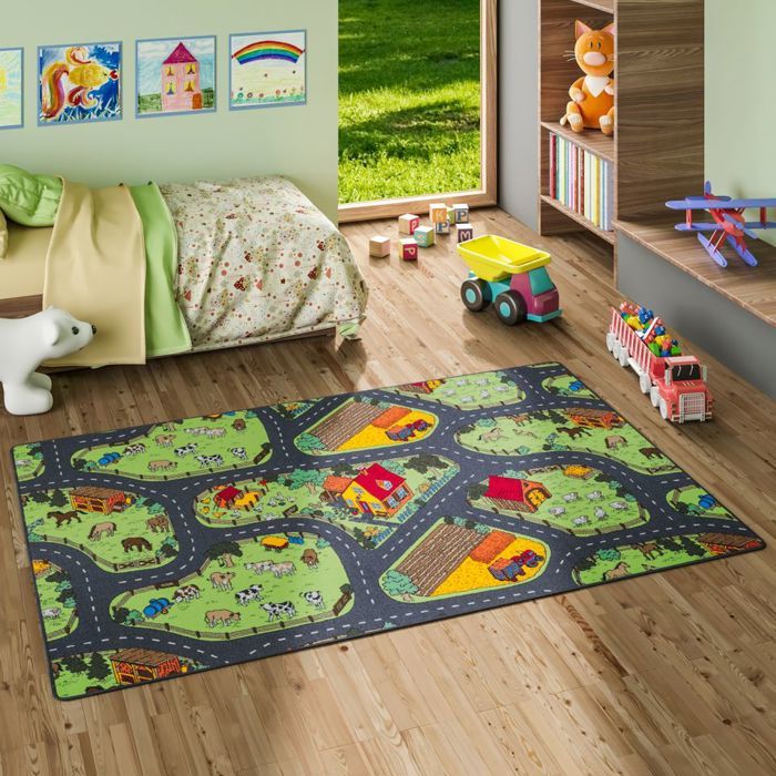 Snapstyle Tapis De Jeu Enfant Ferme Village Vert - Motifs Circuits Village - Différentes Tailles